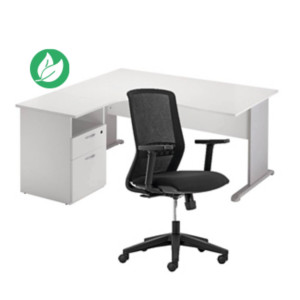 Pack Bureau d'angle compact retour à gauche Pronto Bois - L.160 x P.100 cm - Plateau Blanc - Pieds L Aluminium + Caisson hauteur bureau + Siège Tekna Noir Pack Bureau d'angle compact retour à gauche Pronto Bois - L.160 x P.100 cm - Plateau Blanc - Pieds L Aluminium + Caisson hauteur bureau + Siège Tekna Noir