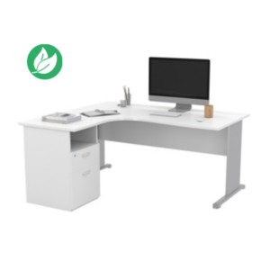 Pack Bureau d'angle compact retour à gauche Pronto Bois - L.160 x P.100 cm - Plateau Blanc - Pieds L Aluminium + Caisson hauteur bureau Pack Bureau d'angle compact retour à gauche Pronto Bois - L.160 x P.100 cm - Plateau Blanc - Pieds L Aluminium + Caisson hauteur bureau