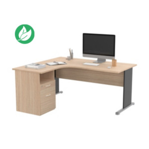 Pack Bureau d'angle compact retour à gauche Pronto Bois - L.160 x P.100 cm - Plateau Chêne - Pieds L Noir + Caisson hauteur bureau Pack Bureau d'angle compact retour à gauche Pronto Bois - L.160 x P.100 cm - Plateau Chêne - Pieds L Noir + Caisson hauteur bureau