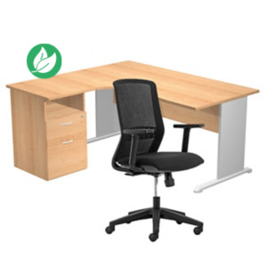 Pack Bureau d'angle compact retour à gauche Pronto Bois - L.160 x P.100 cm - Plateau Hêtre - Pieds L Aluminium + Caisson hauteur bureau + Siège Tekna Noir Pack Bureau d'angle compact retour à gauche Pronto Bois - L.160 x P.100 cm - Plateau Hêtre - Pieds L Aluminium + Caisson hauteur bureau + Siège Tekna Noir
