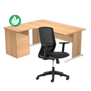 Pack Bureau d'angle compact retour à gauche Pronto Bois - L.160 x P.100 cm - Plateau Hêtre - Pieds L Hêtre + Caisson hauteur bureau + Siège Tekna Noir Pack Bureau d'angle compact retour à gauche Pronto Bois - L.160 x P.100 cm - Plateau Hêtre - Pieds L Hêtre + Caisson hauteur bureau + Siège Tekna Noir