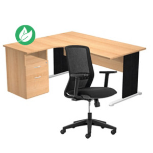 Pack Bureau d'angle compact retour à gauche Pronto Bois - L.160 x P.100 cm - Plateau Hêtre - Pieds L Noir + Caisson hauteur bureau + Siège Tekna Noir Pack Bureau d'angle compact retour à gauche Pronto Bois - L.160 x P.100 cm - Plateau Hêtre - Pieds L Noir + Caisson hauteur bureau + Siège Tekna Noir