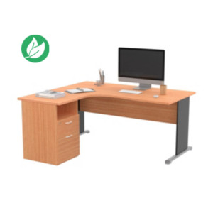 Pack Bureau d'angle compact retour à gauche Pronto Bois - L.160 x P.100 cm - Plateau Hêtre - Pieds L Noir + Caisson hauteur bureau Pack Bureau d'angle compact retour à gauche Pronto Bois - L.160 x P.100 cm - Plateau Hêtre - Pieds L Noir + Caisson hauteur bureau