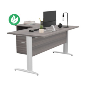 Pack Bureau d'angle compact retour à gauche Pronto Métal - L.160 x P.100 cm - Plateau Cendre - Pieds L Blanc + Caisson hauteur bureau Pack Bureau d'angle compact retour à gauche Pronto Métal - L.160 x P.100 cm - Plateau Cendre - Pieds L Blanc + Caisson hauteur bureau