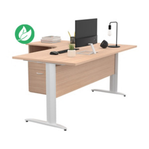 Pack Bureau d'angle compact retour à gauche Pronto Métal - L.160 x P.100 cm - Plateau Chêne - Pieds L Blanc + Caisson hauteur bureau Pack Bureau d'angle compact retour à gauche Pronto Métal - L.160 x P.100 cm - Plateau Chêne - Pieds L Blanc + Caisson hauteur bureau