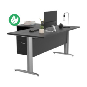 Pack Bureau d'angle compact retour à gauche Pronto Métal - L.160 x P.100 cm - Plateau Noir - Pieds L Aluminium + Caisson hauteur bureau Pack Bureau d'angle compact retour à gauche Pronto Métal - L.160 x P.100 cm - Plateau Noir - Pieds L Aluminium + Caisson hauteur bureau