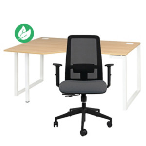 Pack bureau d'angle compact retour à gauche Vitaly L.160 x P.105 cm Chêne pieds Blanc + siège Naïa maille Anthracite Pack bureau d'angle compact retour à gauche Vitaly L.160 x P.105 cm Chêne pieds Blanc + siège Naïa maille Anthracite