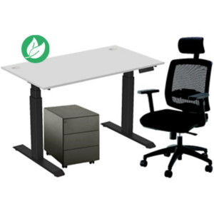 Pack Bureau assis-debout Activ'o - Réglage électrique en hauteur - L.140 x P.80 cm - Plateau Blanc avec obturateurs - Pieds Noir - Caisson Métal Blanc 3 tiroirs Universal - Fauteuil Ergonomique Malice Noir avec accoudoirs et appui-tête  Pack Bureau assis-debout Activ'o - Réglage électrique en hauteur - L.140 x P.80 cm - Plateau Blanc avec obturateurs - Pieds Noir - Caisson Métal Blanc 3 tiroirs Universal - Fauteuil Ergonomique Malice Noir avec accoudoirs et appui-tête