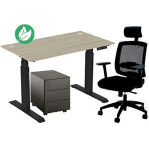 Pack Bureau assis-debout Activ'o - Réglage électrique en hauteur - L.140 x P.80 cm - Plateau Chêne avec obturateurs - Pieds Noir - Caisson Métal Noir 3 tiroirs Universal - Fauteuil Ergonomique Malice Noir avec accoudoirs et appui-tête  Pack Bureau assis-debout Activ'o - Réglage électrique en hauteur - L.140 x P.80 cm - Plateau Chêne avec obturateurs - Pieds Noir - Caisson Métal Noir 3 tiroirs Universal - Fauteuil Ergonomique Malice Noir avec accoudoirs et appui-tête