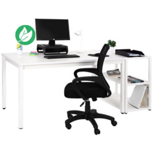 Pack Bureau Budget - Plateau droit L.140 x P. 80 cm - Plateau Blanc - Pieds blanc + Bibliothèque blanche hauteur bureau 3 étagères + Siège Dario Noir Pack Bureau Budget - Plateau droit L.140 x P. 80 cm - Plateau Blanc - Pieds blanc + Bibliothèque blanche hauteur bureau 3 étagères + Siège Dario Noir