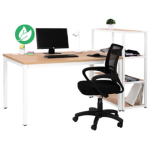 Pack Bureau Budget - Plateau droit L.140 x P. 80 cm - Plateau Chêne - Pieds blanc + Bibliothèque Chêne 4 étagères + Siège Dario Noir Pack Bureau Budget - Plateau droit L.140 x P. 80 cm - Plateau Chêne - Pieds blanc + Bibliothèque Chêne 4 étagères + Siège Dario Noir