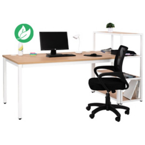 Pack Bureau Budget - Plateau droit L.160 x P. 80 cm - Plateau Chêne - Pieds blanc + Bibliothèque Chêne 4 étagères + Siège Dario Noir Pack Bureau Budget - Plateau droit L.160 x P. 80 cm - Plateau Chêne - Pieds blanc + Bibliothèque Chêne 4 étagères + Siège Dario Noir