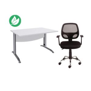 Pack Bureau droit Activity Métal L.120 x P.80 cm Plateau Blanc - Pieds L Aluminium + Fauteuil Tami tissu/maille filet Noir