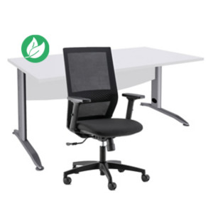 Pack Bureau droit Activity Métal L.140 x P.80 cm Plateau Blanc - Pieds L Aluminium + Siège Théo maille / Tissu Noir