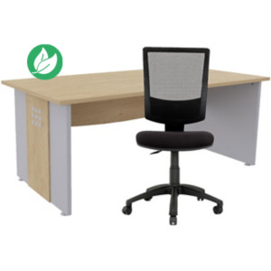 Pack bureau droit Axiome L.140 cm Plateau Chêne Pieds panneaux Aluminium + Siège Jenny maille/tissu Noir Pack bureau droit Axiome L.140 cm Plateau Chêne Pieds panneaux Aluminium + Siège Jenny maille/tissu Noir