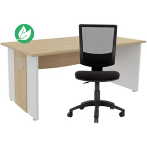 Pack bureau droit Axiome L.140 cm Plateau Chêne Pieds panneaux Blanc + Siège Jenny maille/tissu Noir Pack bureau droit Axiome L.140 cm Plateau Chêne Pieds panneaux Blanc + Siège Jenny maille/tissu Noir