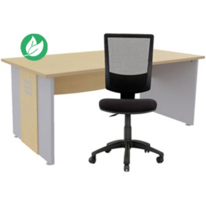 Pack bureau droit Axiome L.140 cm Plateau Hêtre Pieds panneaux Aluminium + Siège Jenny maille/tissu Noir Pack bureau droit Axiome L.140 cm Plateau Hêtre Pieds panneaux Aluminium + Siège Jenny maille/tissu Noir