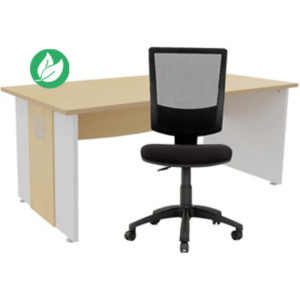Pack bureau droit Axiome L.140 cm Plateau Hêtre Pieds panneaux Blanc + Siège Jenny maille/tissu Noir Pack bureau droit Axiome L.140 cm Plateau Hêtre Pieds panneaux Blanc + Siège Jenny maille/tissu Noir