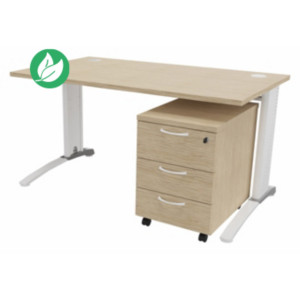 Pack bureau droit Biospace L.140 x P.80 cm Plateau Chêne Pieds Blanc Embases Aluminium + caisson mobile 3 tiroirs Chêne