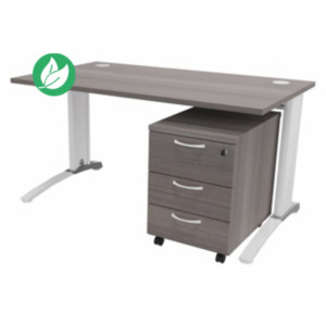 Pack bureau droit Biospace L.140 x P.80 cm Plateau Cèdre Pieds Blanc Embases Aluminium + caisson mobile 3 tiroirs Cèdre