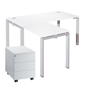 Pack bureau droit direction E-Link L.200 x P.100 cm Blanc / Alu + Retour L.100 x P.60 cm + Caisson mobile 3 tiroirs