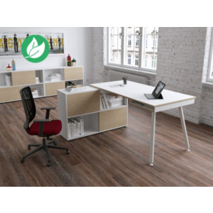 Pack Bureau droit Halden L.160 x P.80 Plateau Blanc Pieds métal Blanc + Meuble de rangement 4 cases Blanc/Chêne L. 120 x P.35 cm Pack Bureau droit Halden L.160 x P.80 Plateau Blanc Pieds métal Blanc + Meuble de rangement 4 cases Blanc/Chêne L. 120 x P.35 cm
