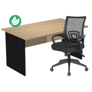 Pack Bureau droit Pronto Bois - L.140 x P.80 cm - Plateau Chêne - Pieds panneaux Noir + siège Dario Tissu Noir Pack Bureau droit Pronto Bois - L.140 x P.80 cm - Plateau Chêne - Pieds panneaux Noir + siège Dario Tissu Noir