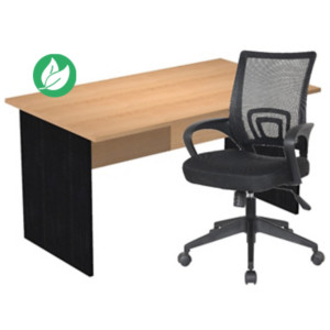 Pack Bureau droit Pronto Bois - L.140 x P.80 cm - Plateau Hêtre - Pieds panneaux Noir + siège Dario Tissu Noir Pack Bureau droit Pronto Bois - L.140 x P.80 cm - Plateau Hêtre - Pieds panneaux Noir + siège Dario Tissu Noir