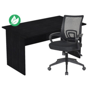 Pack Bureau droit Pronto Bois - L.140 x P.80 cm - Plateau Noir - Pieds panneaux Noir + siège Dario Tissu Noir Pack Bureau droit Pronto Bois - L.140 x P.80 cm - Plateau Noir - Pieds panneaux Noir + siège Dario Tissu Noir