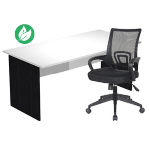 Pack Bureau droit Pronto Bois - L.160 x P.80 cm - Plateau Blanc - Pieds panneaux Noir + siège Dario Tissu Noir Pack Bureau droit Pronto Bois - L.160 x P.80 cm - Plateau Blanc - Pieds panneaux Noir + siège Dario Tissu Noir