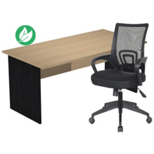 Pack Bureau droit Pronto Bois - L.160 x P.80 cm - Plateau Chêne - Pieds panneaux Noir + siège Dario Tissu Noir Pack Bureau droit Pronto Bois - L.160 x P.80 cm - Plateau Chêne - Pieds panneaux Noir + siège Dario Tissu Noir
