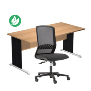 Pack Bureau droit Pronto Bois - L.160 x P.80 cm - Plateau Hêtre - Pieds L Noir + siège Tekna Tissu Noir Pack Bureau droit Pronto Bois - L.160 x P.80 cm - Plateau Hêtre - Pieds L Noir + siège Tekna Tissu Noir