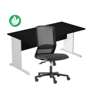 Pack Bureau droit Pronto Bois L.160 x P.80 cm plateau Noir - Pieds L Aluminium + siège Tekna Tissu Noir