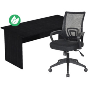 Pack Bureau droit Pronto Bois - L.160 x P.80 cm - Plateau Noir - Pieds panneaux Noir + siège Dario Tissu Noir Pack Bureau droit Pronto Bois - L.160 x P.80 cm - Plateau Noir - Pieds panneaux Noir + siège Dario Tissu Noir