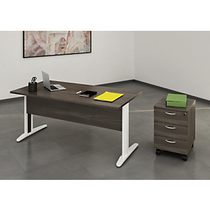 Pack Bureau droit Pronto Métal - L.140 x P.80 cm - Plateau Cendre - Pieds Blanc + Caisson mobile 3 t