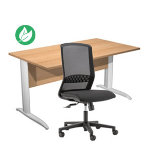 Pack Bureau droit Pronto Métal - L.140 x P.80 cm - Plateau Hêtre - Pieds L Blanc + siège Tekna Tissu Noir Pack Bureau droit Pronto Métal - L.140 x P.80 cm - Plateau Hêtre - Pieds L Blanc + siège Tekna Tissu Noir