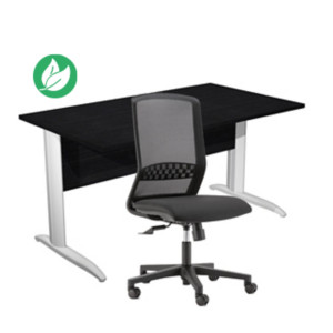 Pack Bureau droit Pronto Métal L.140 x P.80 cm plateau Noir - Pieds L Blanc + siège Tekna Tissu Noir