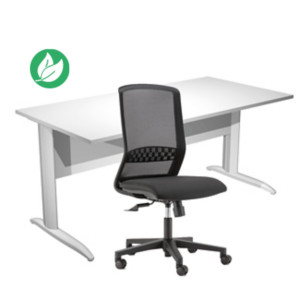 Pack Bureau droit Pronto Métal - L.160 x P.80 cm - Plateau Blanc - Pieds L Aluminium + siège Tekna Tissu Noir Pack Bureau droit Pronto Métal - L.160 x P.80 cm - Plateau Blanc - Pieds L Aluminium + siège Tekna Tissu Noir