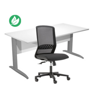 Pack Bureau droit Pronto Métal L.160 x P.80 cm plateau Blanc - Pieds L Anthracite + siège Tekna Tissu Noir