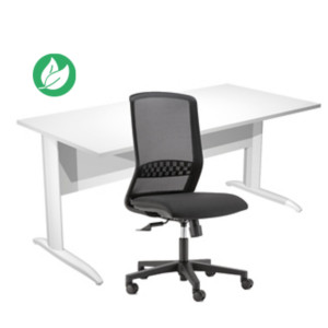 Pack Bureau droit Pronto Métal - L.160 x P.80 cm - Plateau Blanc - Pieds L Blanc + siège Tekna Tissu Noir Pack Bureau droit Pronto Métal - L.160 x P.80 cm - Plateau Blanc - Pieds L Blanc + siège Tekna Tissu Noir