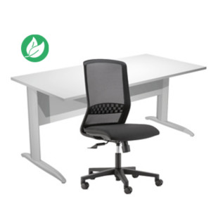 Pack Bureau droit Pronto Métal - L.160 x P.80 cm - Plateau Blanc - Pieds L Chrome + siège Tekna Tissu Noir Pack Bureau droit Pronto Métal - L.160 x P.80 cm - Plateau Blanc - Pieds L Chrome + siège Tekna Tissu Noir