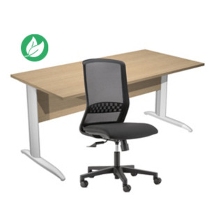 Pack Bureau droit Pronto Métal - L.160 x P.80 cm - Plateau Chêne - Pieds L Aluminium + siège Tekna Tissu Noir Pack Bureau droit Pronto Métal - L.160 x P.80 cm - Plateau Chêne - Pieds L Aluminium + siège Tekna Tissu Noir