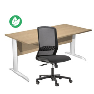 Pack Bureau droit Pronto Métal L.160 x P.80 cm plateau Chêne - Pieds L Blanc + siège Tekna Tissu Noir