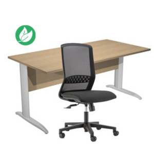 Pack Bureau droit Pronto Métal - L.160 x P.80 cm - Plateau Chêne - Pieds L Chrome + siège Tekna Tissu Noir Pack Bureau droit Pronto Métal - L.160 x P.80 cm - Plateau Chêne - Pieds L Chrome + siège Tekna Tissu Noir