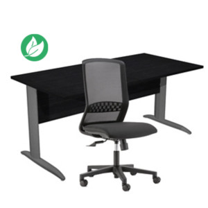 Pack Bureau droit Pronto Métal L.160 x P.80 cm plateau Noir - Pieds L Anthracite + siège Tekna Tissu Noir