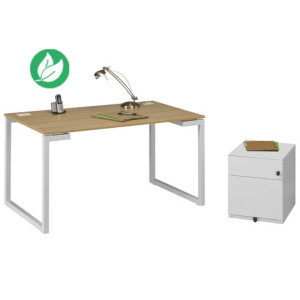 Pack bureau droit Vitaly L.120 x P.60 cm Chêne pieds Blanc + Caisson mobile métal 2 tiroirs Blanc Pack bureau droit Vitaly L.120 x P.60 cm Chêne pieds Blanc + Caisson mobile métal 2 tiroirs Blanc