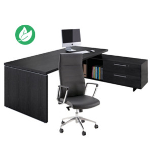 Pack Direction Bureau Flore avec retour suspendu - L.195 x P.170 cm - Plateau Frêne noir - Pieds panneaux + Fauteuil Nell simili cuir Noir Pack Direction Bureau Flore avec retour suspendu - L.195 x P.170 cm - Plateau Frêne noir - Pieds panneaux + Fauteuil Nell simili cuir Noir