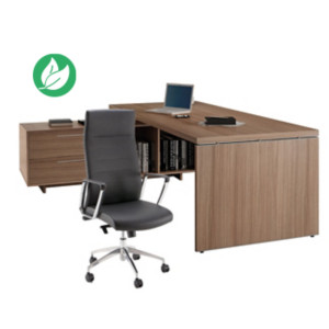 Pack Direction Bureau Flore avec retour suspendu - L.225 x P.170 cm - Plateau Noyer - Pieds panneaux + Fauteuil Nell simili cuir Noir Pack Direction Bureau Flore avec retour suspendu - L.225 x P.170 cm - Plateau Noyer - Pieds panneaux + Fauteuil Nell simili cuir Noir