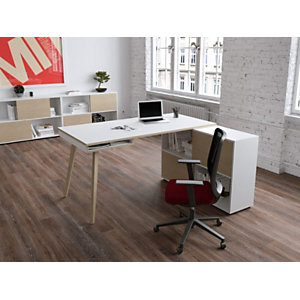 Pack Halden : 1 bureau droit Blanc pieds bois Chêne + 1 meuble de rangement 4 cases Blanc/Chêne L. 160 x P. 160 x H. 81,5 cm