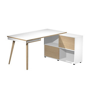 Pack Halden : 1 bureau droit Blanc pieds bois massif Chêne + 1 meuble de rangement 4 cases Blanc/Chêne L. 140 x P. 160 x H. 81,5 cm